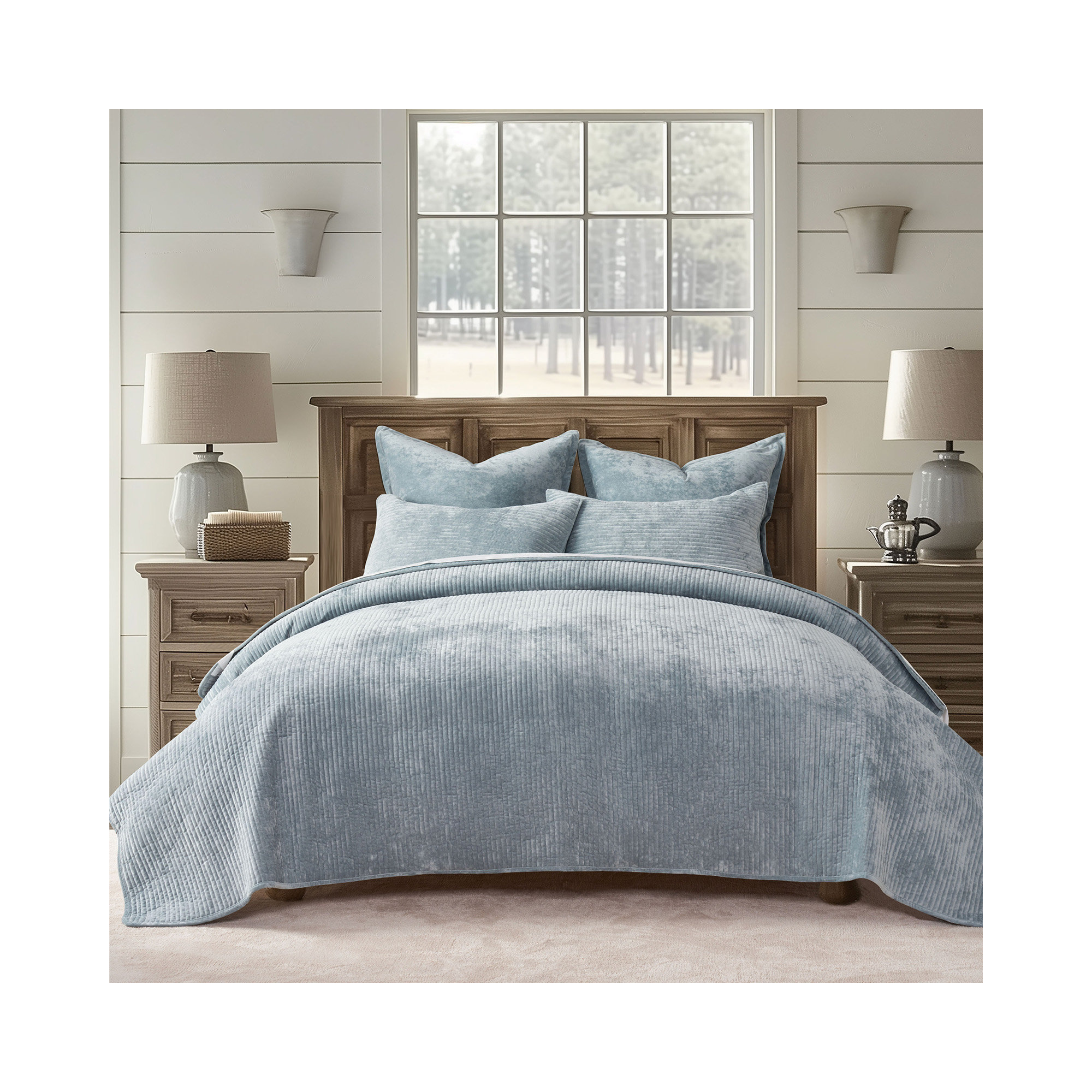 Striped Channel Velvet Quilt Set, Blue Linen, Queen