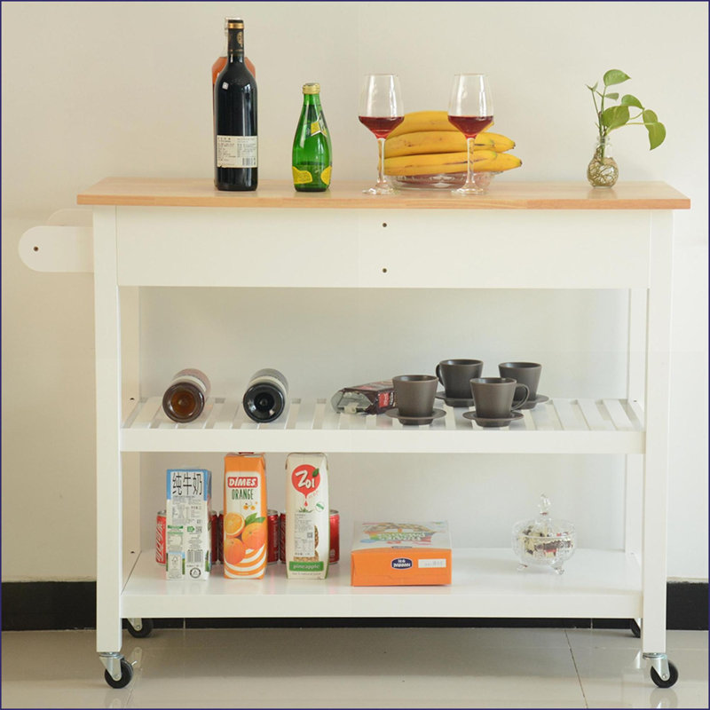 Îlot de cuisine avec chariot de rangement et plateau en bois d'hévéa | Hêtre blanc | Panneau de fibres à densité moyenne | 45 po x 17 po x 35 po