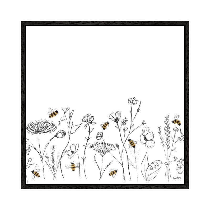 Bees And Botanicals Pattern IX by Leah York - Painting on Canvas, 45.72cm H x 45.72cm W x 3.81cm D, Black Framed