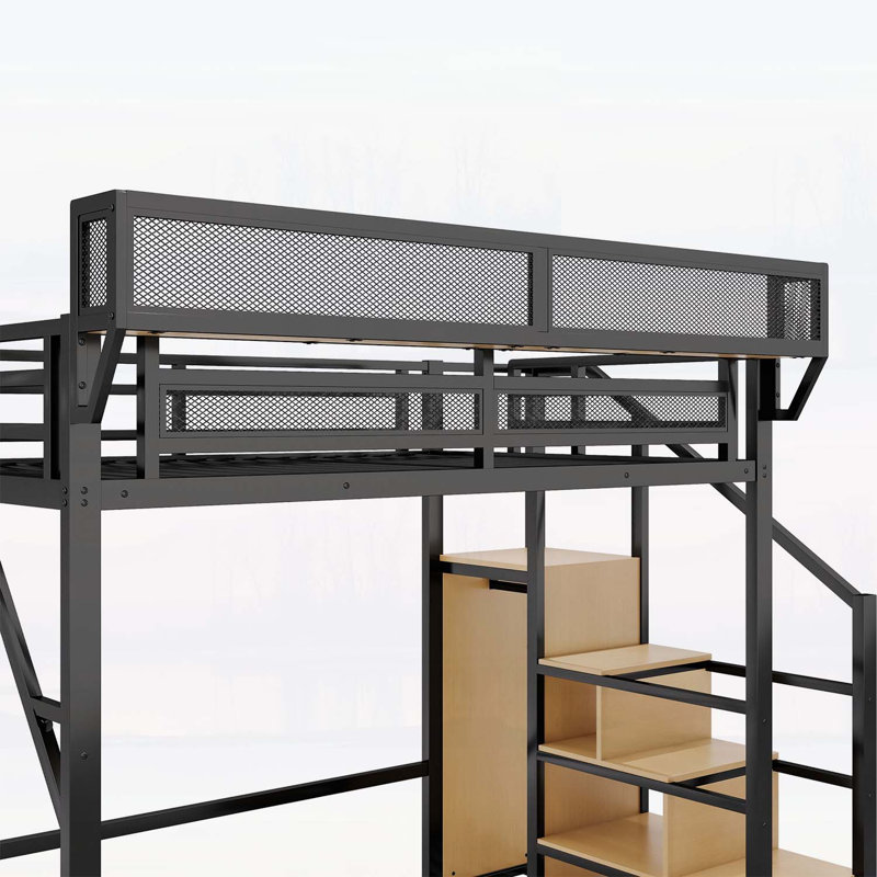 Lit mezzanine double en métal avec escalier, tablettes de rangement et garde-robe intégrée pour enfants et adolescents, maximisant l'espace et la fonctionnalité