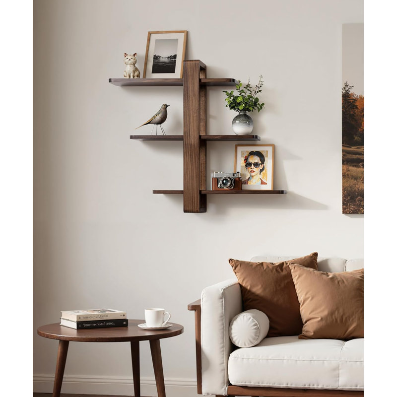 Floating Wall Shelves 3 Tier 20in Walnut Pine Wood Shelf for Living Room Bedroom Bathroom, Mid Century Modern Plant Photo Storage Shelving