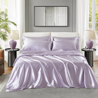 Drap de luxe 6 pièces en satin froissé, texture douce, réduit la casse des cheveux, convient aux matelas de 16 po, avec 1 drap plat, 4 taies d'oreiller douces et moelleuses