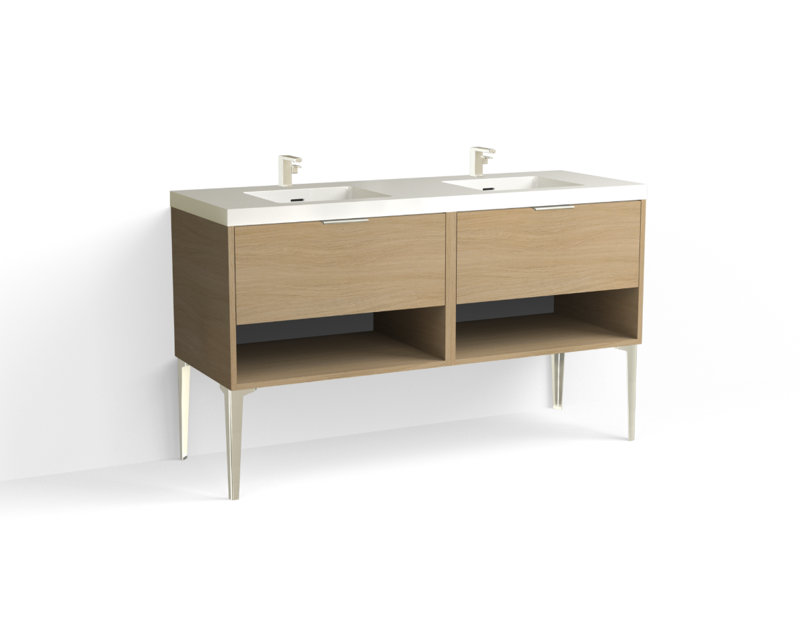 Modo 60" W Freestanding Double Bathroom Vanity with Dean Leg, Matte White/8" Widespread, Biondo, Polished Nickel