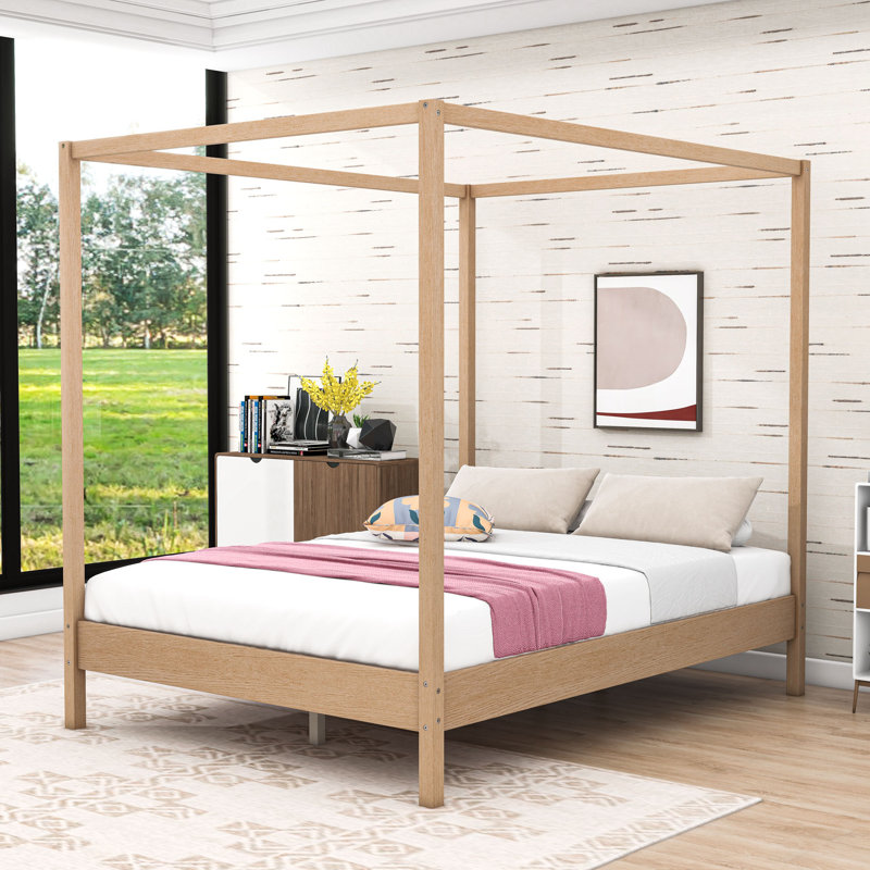 Wood Four Poster Platform Bed, Natural, Queen