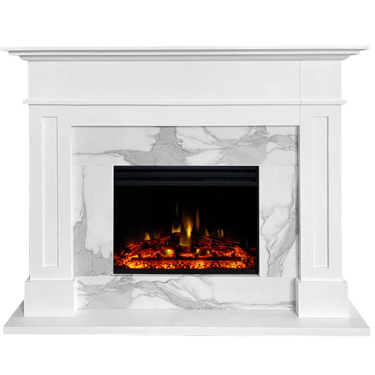 Heymann 57-In. Modern Electric Fireplace Mantel With LED Multi-Color Faux Charred Log Display Insert | White Faux Marble | Heating For Living Room, Dining Room, Bedrooms Up To 210 Sq.Ft.