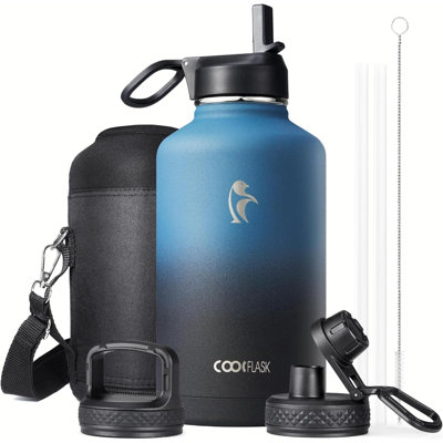 Half Gallon Water Bottle Insulated With Straw & 3 Lids,  64 Oz Water Jug  Metal Stainless Steel Wide Mouth For Sports, Gym Or Office, Non-BPA Keep Cold 48H Hot 24H, Samurai Cyan