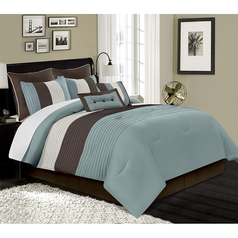 Loft 8-Piece Pleated Stripe Microfiber Comforter Set, California King Comforter + 2 King Shams, Blue