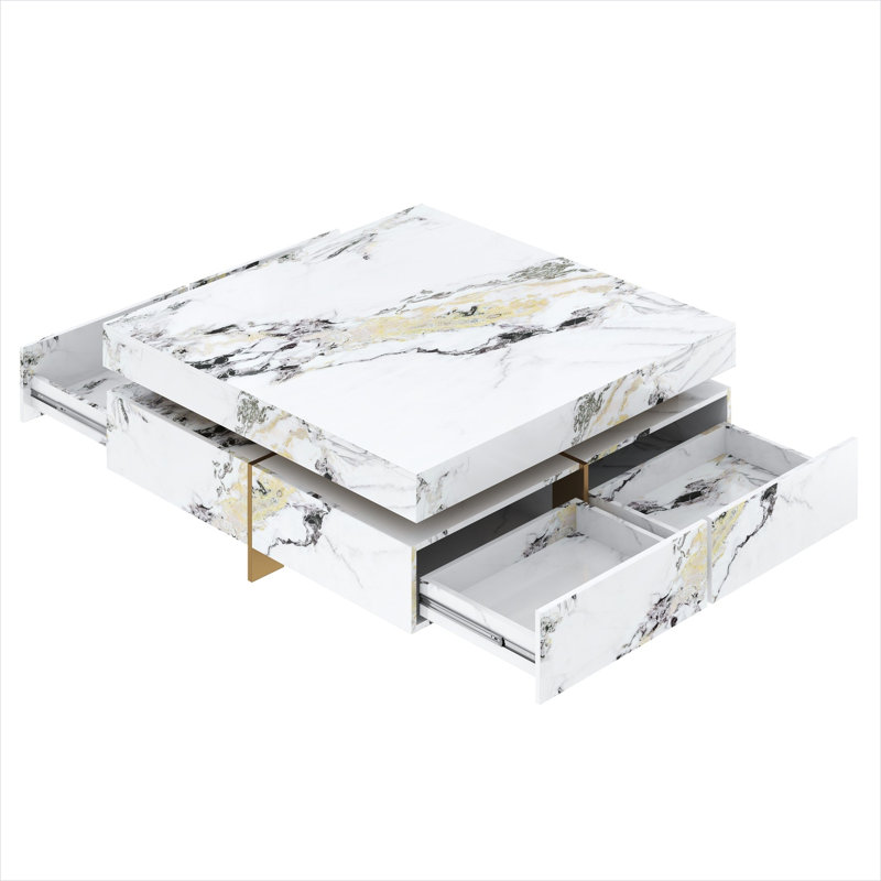 Table basse carrée avec 4 tiroirs et base suspendue, texture marbre, blanc doux, 43,3 pouces