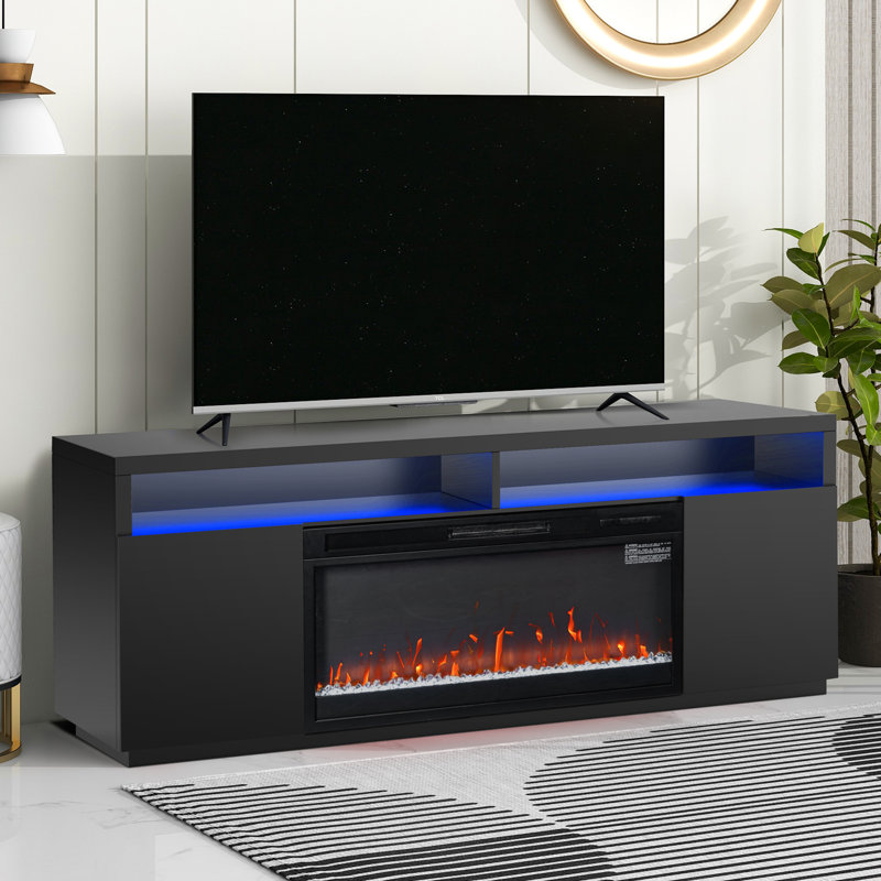 68" Media Console Fireplace TV Stand For TV Up To 78" with Electric Fireplace and LED Lights, Black