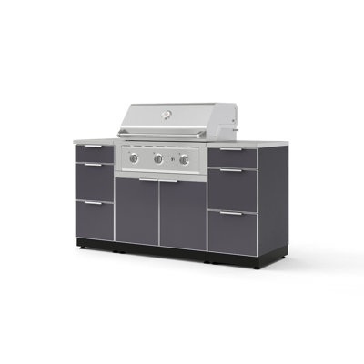 Outdoor Grill Island Aluminum Slate Gray 6 Piece Cabinet Set with 3 Drawers, Grill Cabinet, 33" Natural Gas Performance Grill and 16" SS Tops