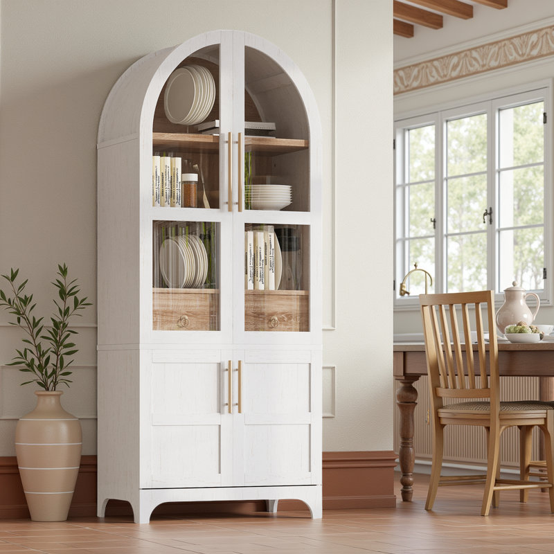 4 Doors Arched Two-Tone Kitchen Pantry Cabinet with Adjustable Shelves and Hidden Drawer, White