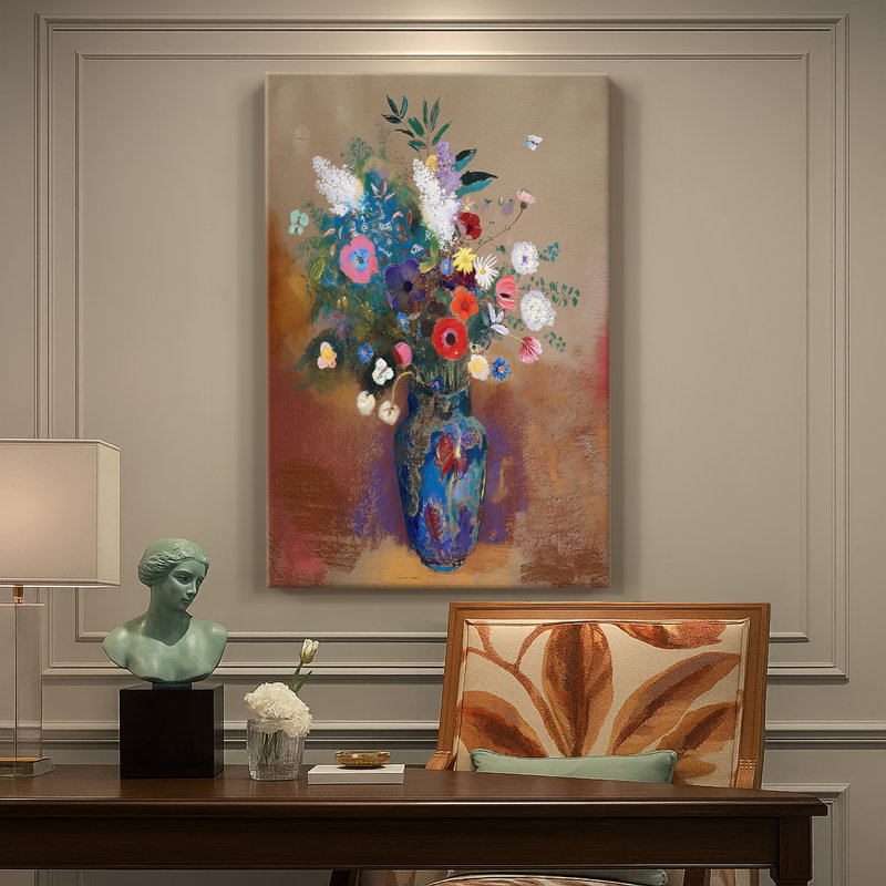 Bouquet de fleurs sur toile tendue par Odilon Redon, 18 x 27