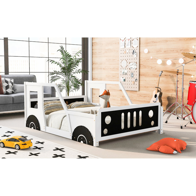 Lit plateforme classique en forme de voiture en blanc, pleine grandeur, Lit double, Blanc