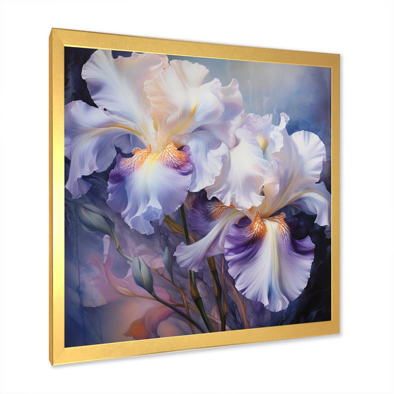 Rose, mauve, iris, impression romantique IV - impression, Encadrement doré, H 16 po x l 16 po x P 1 po