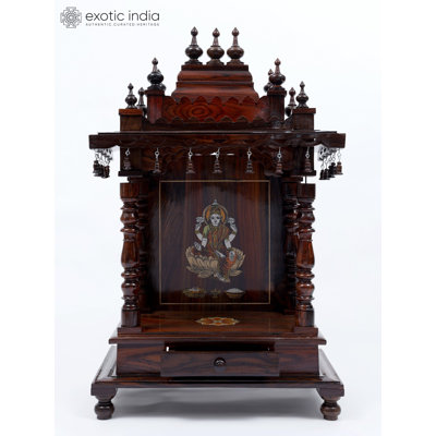 Déesse Lakshmi, Puja Mandir en bois, temple de maison sculpté à la main de 34 pouces avec incrustation