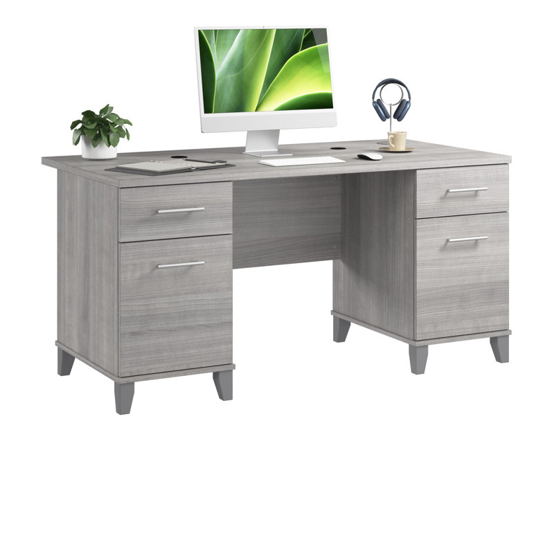Bureau 60 po avec tiroirs Kaionna, bureau d'ordinateur avec rangement, bois moderne, gris platine, Gris platine