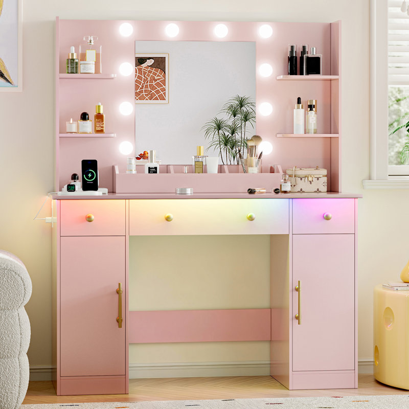 43.7"W Farmhouse Makeup Vanity Desk with Lighted Mirror and Power Outlet, 3 Drawers, Pink