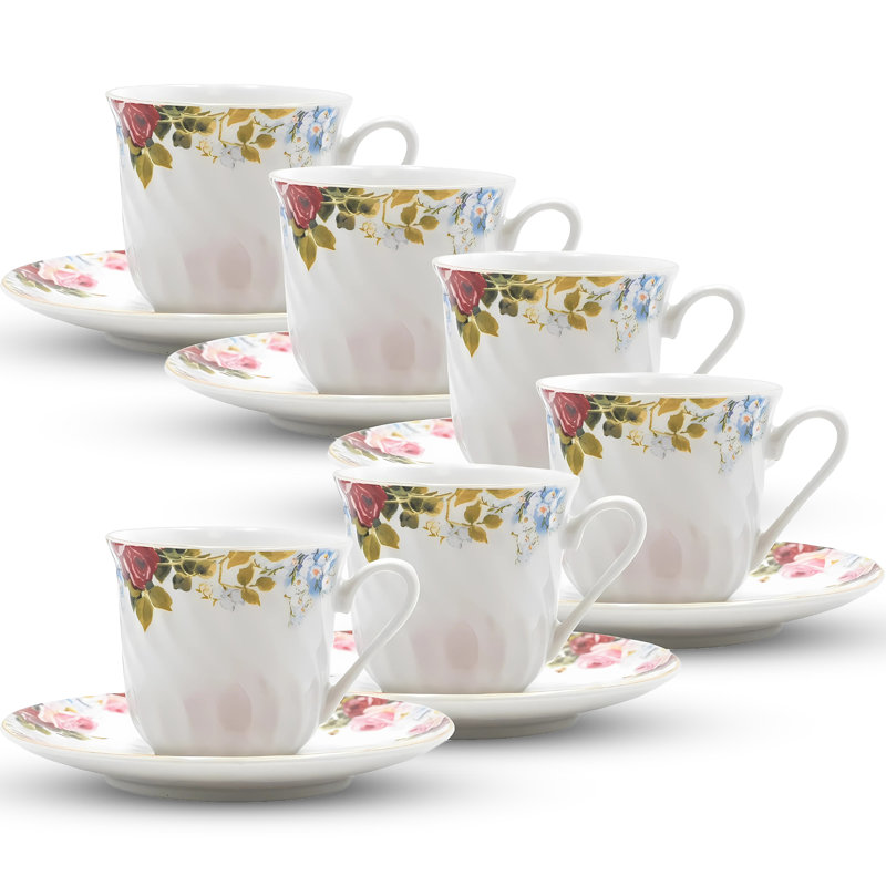 Ensemble tasse à thé et soucoupe en porcelaine 7 oz Priya, floral et garniture or 24 carats (service pour 6)