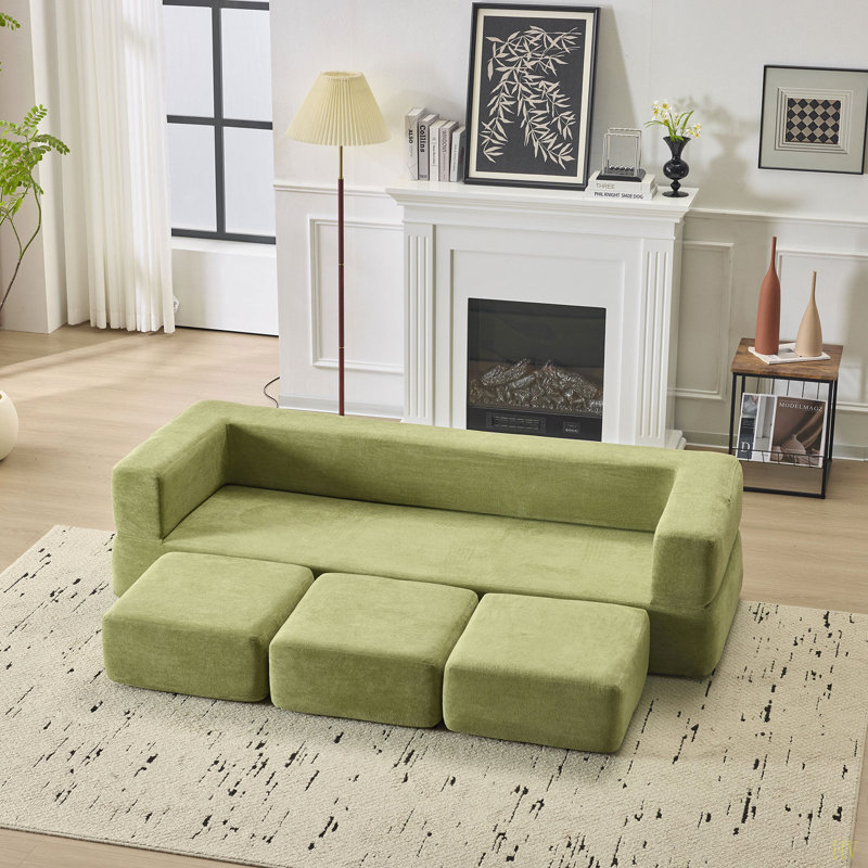 Canapé modulaire convertible avec 3 repose-pieds Ebern Designs - Lit en mousse haute rebond, canapé en chenille peu encombrant pour les studios et les bureaux à domicile.