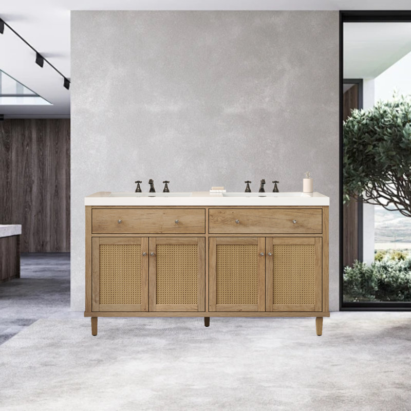 Meuble-lavabo de 60 po de largeur avec lavabo double, armoire de rangement de salle de bain avec 2 tiroirs rabattables et 2 grandes armoires (bois)