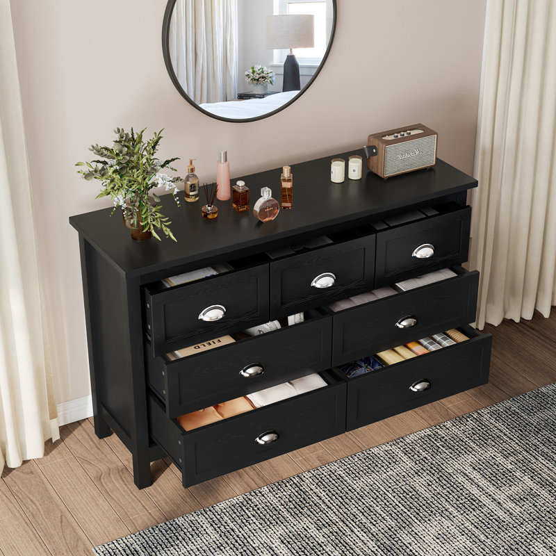 Commode à 7 tiroirs de 47 po avec poignées en coupelle en métal pour chambre à coucher, Noir