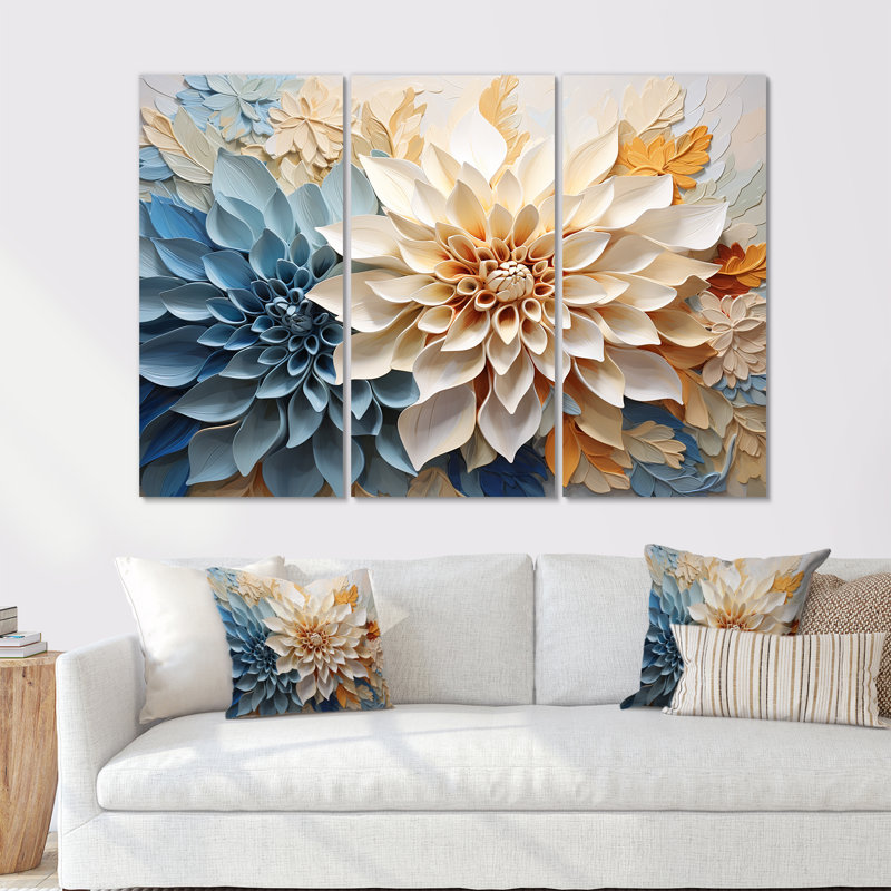 Simple, beige et bleu Dahlia V - ensemble d'art sur toile Dahlia, Toile tendue, H 28 po x l 36 po x P 1 po