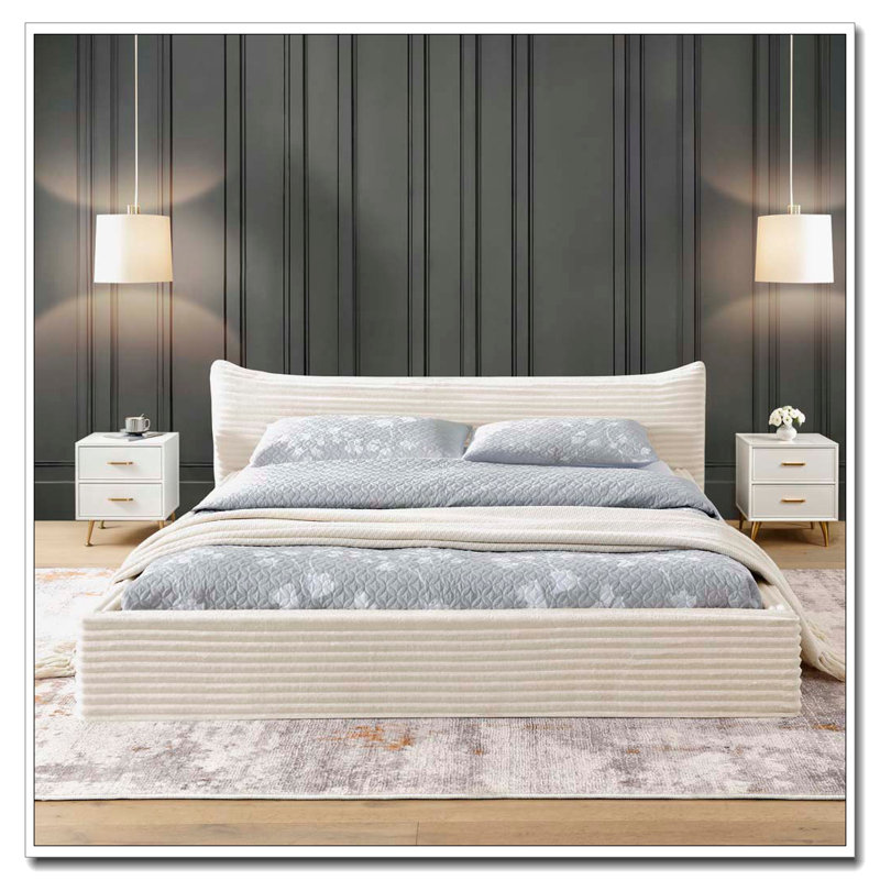 Lit rembourré en velours côtelé avec tête de lit courbée et structure en bois massif, Beige