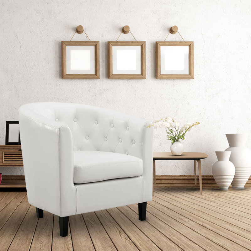 Tianny Tufted Accent Chair, Upholstered Barrel Chair, Faux Leather Accent Barrel Chair, Small Chairs, White Faux Leather