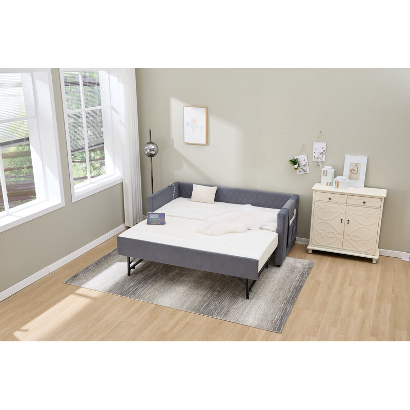Grey Velvet Daybed, Sturdy Wooden Bed Frame, Modern Diamond Grid Pull-Out Design, For Bedroom, Living Room Furniture, Gray