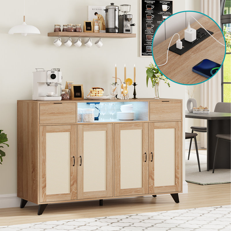  Modern Rattan Sideboard Buffet Cabinet – 47" 4-Door Storage with 2 Drawers, LED Lighting, Power Outlets & Adjustable Shelves – Spacious Wooden Kitchen & Dining Furniture – Wood Color