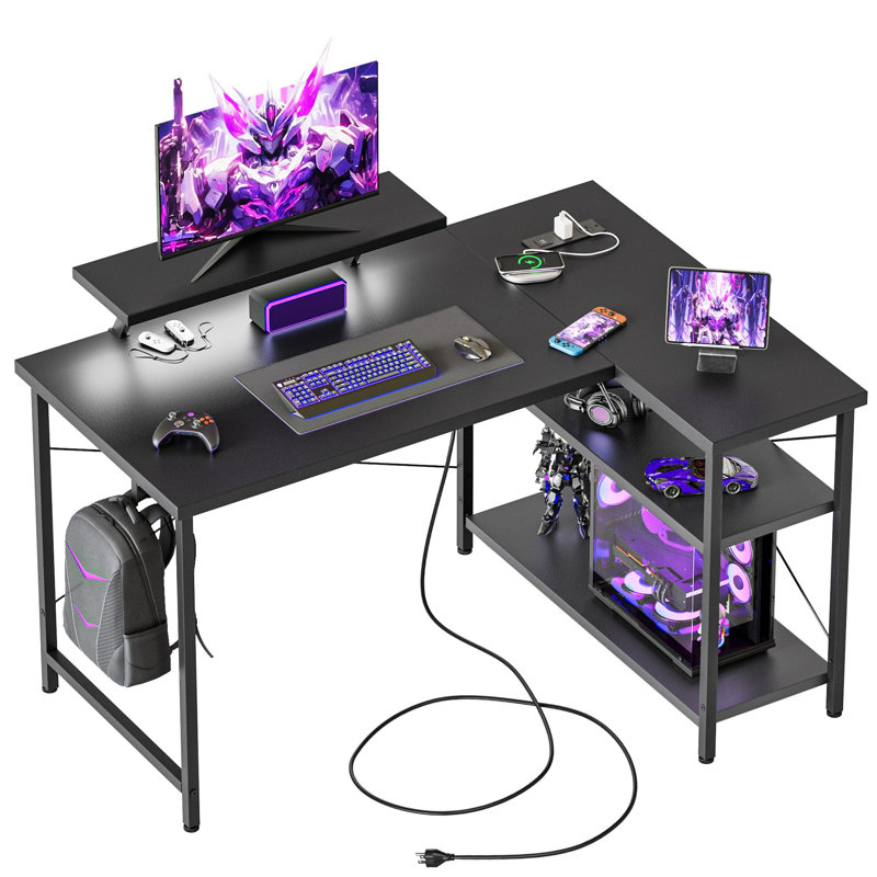 L-Shaped Metal Base Computer Desk, Black