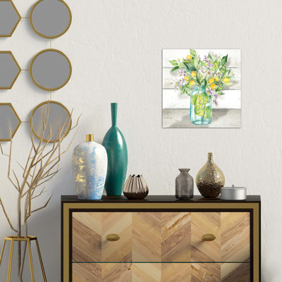 Watercolor Lemons In Mason Jar On Shiplap by Lemons In Mason Jar On Shiplap - Wrapped Canvas Painting