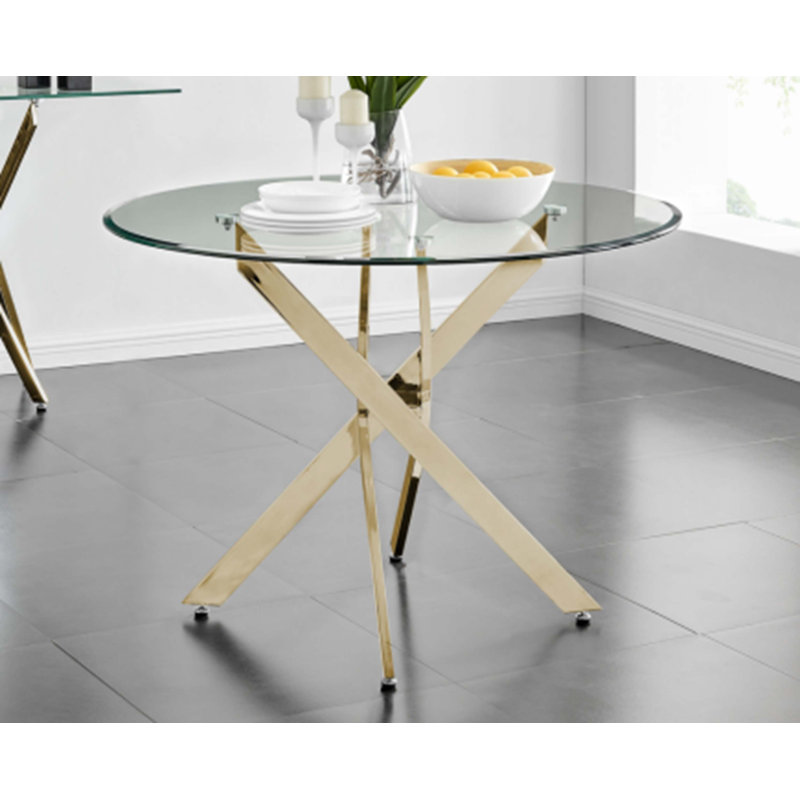 The Modern Circular Tempered Glass Tabletop Is Paired With A Iron Frame, Measuring 35.43 Inches In Length., Gold