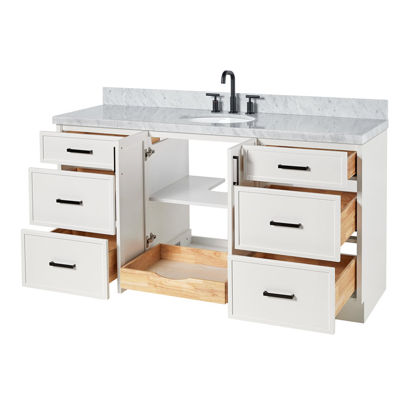 Meuble-lavabo simple 49 po avec plateau en marbre de Carrare italien ARIEL Kelly, Blanc, 67"