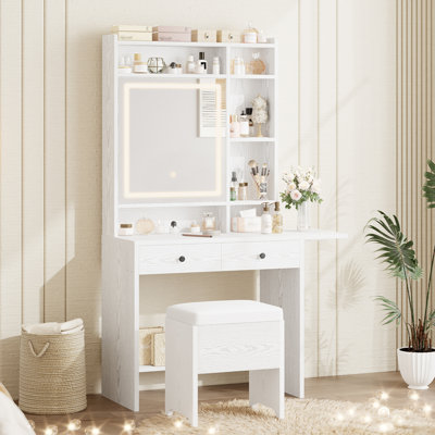 65.3" H Vanity Set With Led Mirror, Jewelry Armoire & Makeup Storage With Drawers And Shelves, Dressing Table For Bedroom, White by Latitude Run