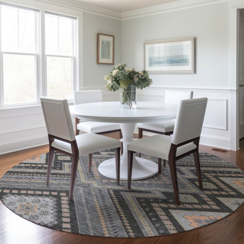 Gray Round Synthetic Flat Woven Washable Rug, 8' x 8'