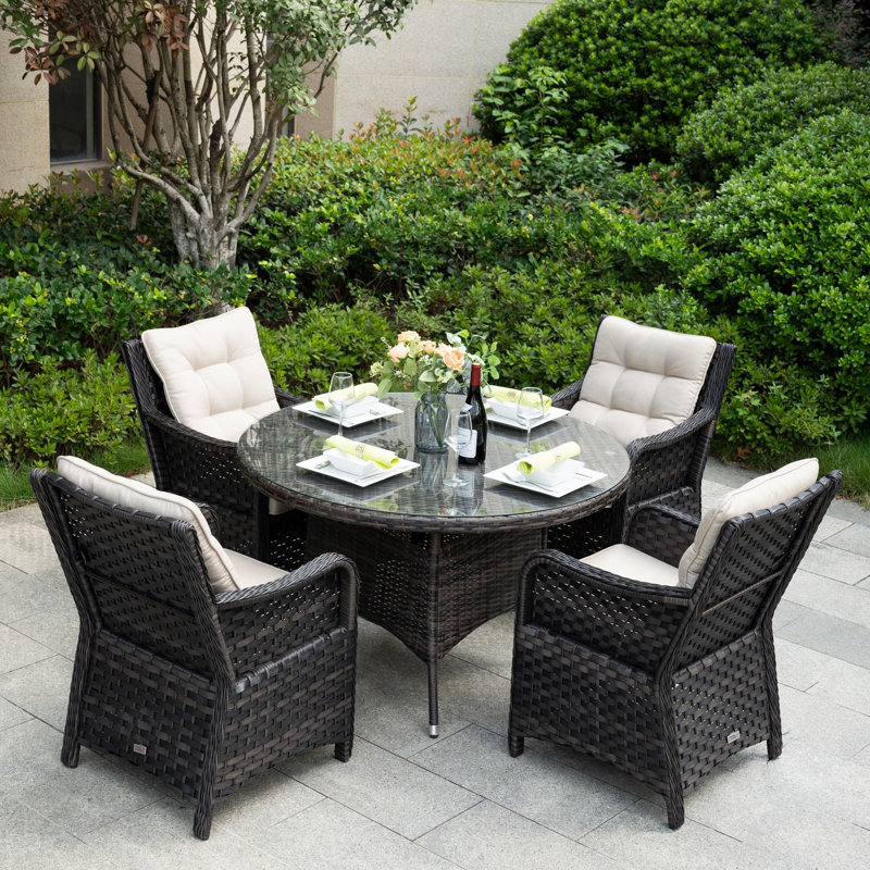 Anikha 4-Person Wicker Patio Dining Set With Round Table, Cushions Included