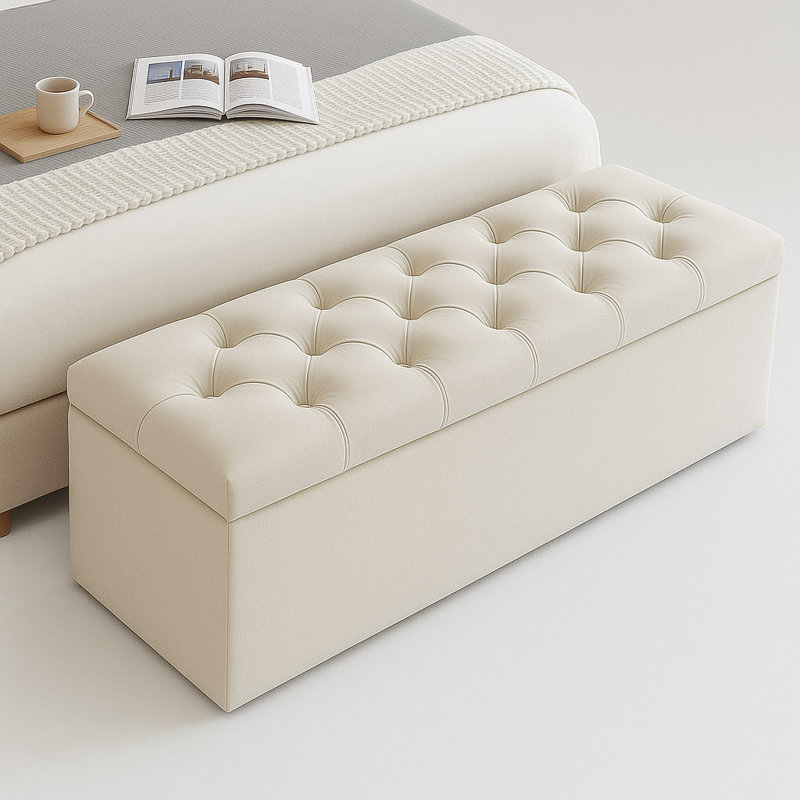 Divan Chesterfield Wide Velvet Rectangle Solid Color Standard Ottoman Box with Storage, 40cm H x 137cm W x 40cm D, Cream