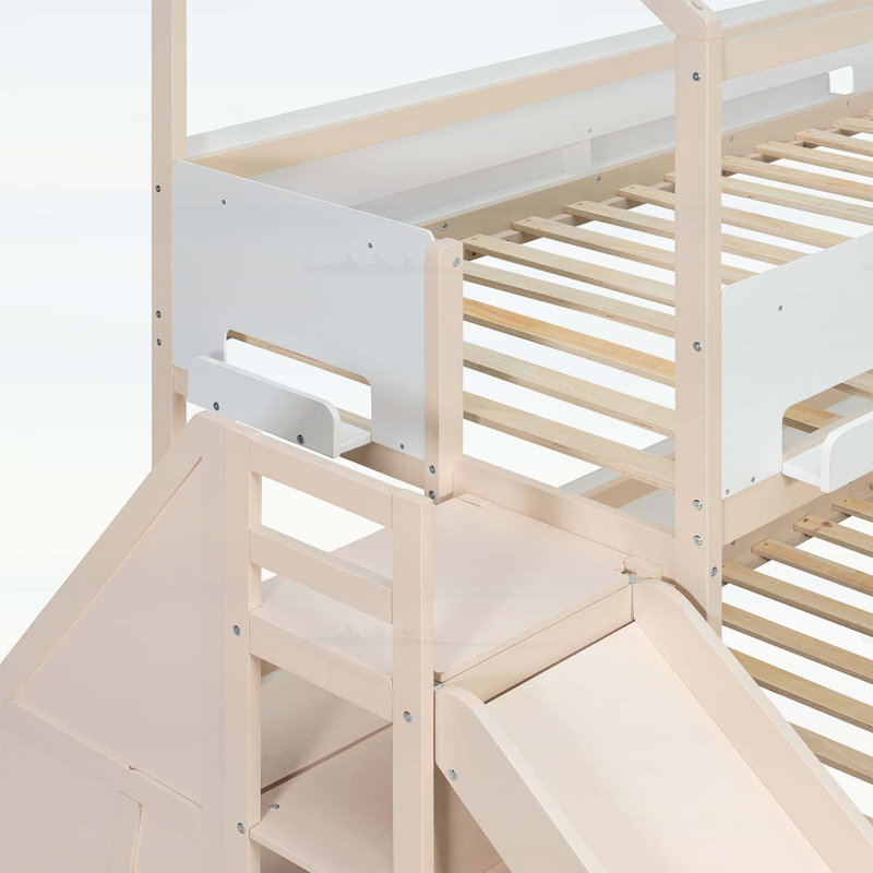 Lit superposé en bois en forme de maison avec glissière et escalier de rangement, structure de lit simple / simple / double pour enfants, beige et blanc