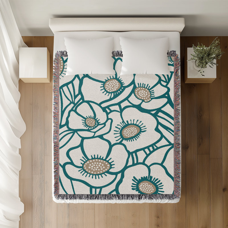 Jeté floral en coton, 50 x 70, Turquoise