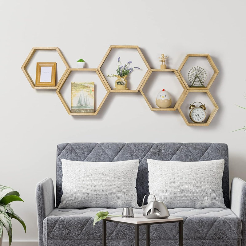 Wall Mounted Farmhouse Wood Storage Honeycomb Wall Shelf Set Of 6 Hexagonal Shelves For Home Decor, Living Room, Bedroom, Office, Light Brown
