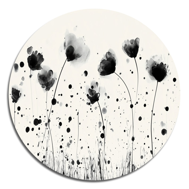 Fleur noire et blanche pré - décoration murale fleurs en métal rond, L 23 po x H 23 po