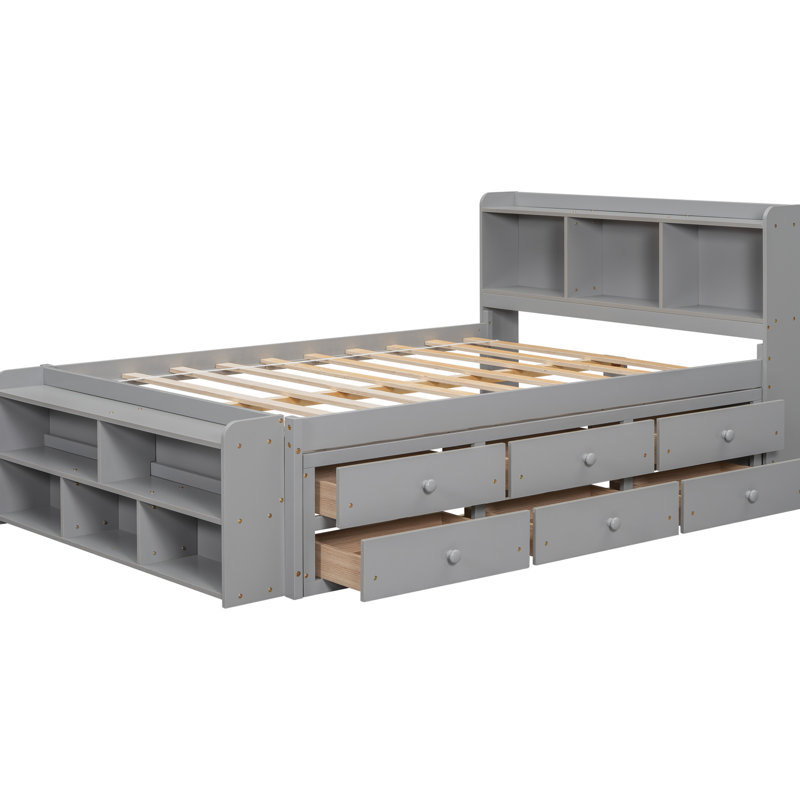 Grey Full Bed Featuring Storage Headboard And Underbed Case In With Long-Lasting Bookcase Options