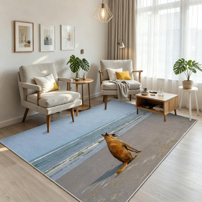 Blue Machine Washable,Dog Waiting for Beach Adorable Animal Indoor Area Rug