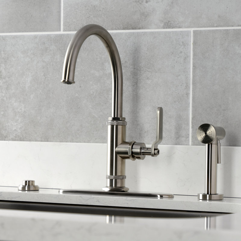 Kingston Brass Whitaker Single-Handle Deck Mount Kitchen Faucet with Brass Sprayer, Brushed Nickel