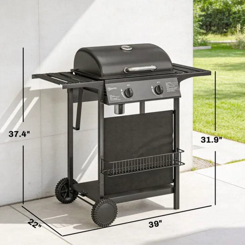 Barbecue au propane noir à 2 brûleurs 18 000 BTU avec roues, grille de réchauffement et thermomètre