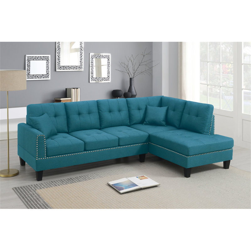 2-PCS SECTIONAL SET Living Room Furniture LAF Sofa And RAF Chaise Azure / Blue Color Linen Like Fabric Tufted Couch
