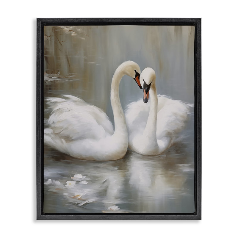 Kissing Swans on Pond Floating Frame, design by Arlington Prints, Jet Black Floater Frame, 21" H x 17" W