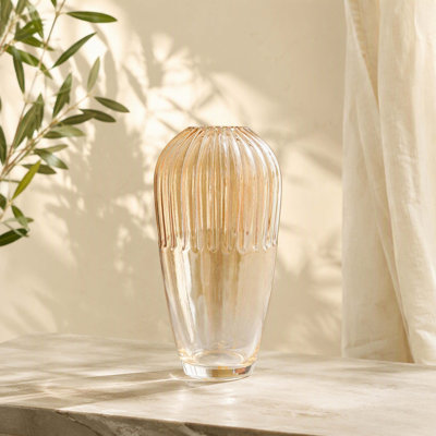 Tapered Amber Glass Accent Vase, Ribbed Textured Flower Vase for Home Decor, D5.9 x 11.8" H