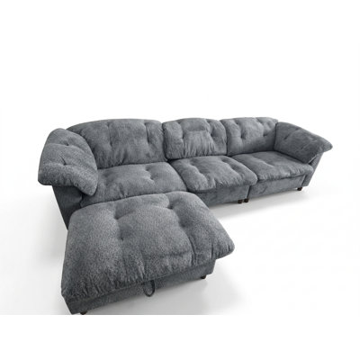 Canapé surdimensionné classique en chenille 3 places avec repose-pieds avec rangement, canapé capitonné à assise profonde avec dossier et accoudoirs entièrement rembourrés, poches latérales, canapé à assemblage rapide pour salon, appartement, bureau, gris